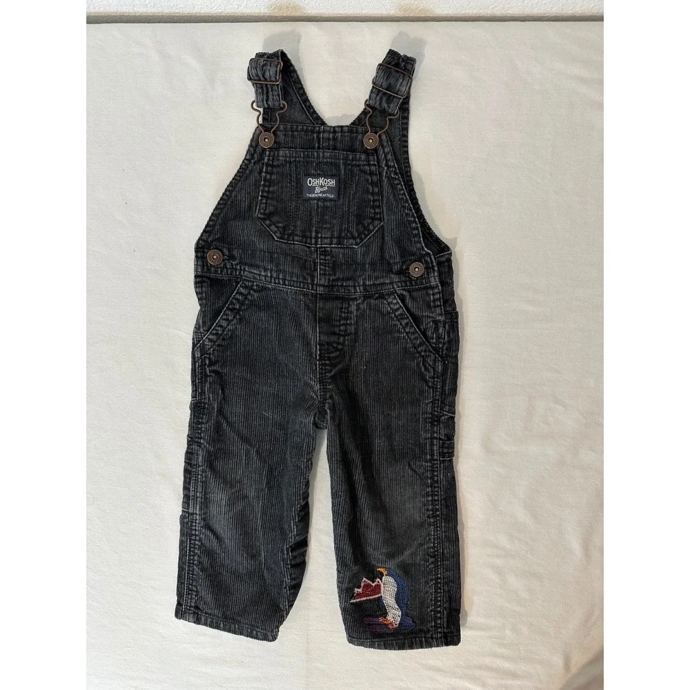 OshKosh Bgosh Kids 12M Black Corduroy Overalls Penguin Embroidery Vestbak